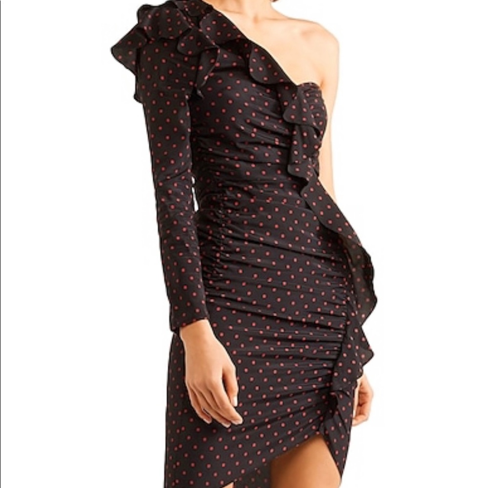 Leona Ruched Polka-Dot One-Shoulder Ruffle Dress